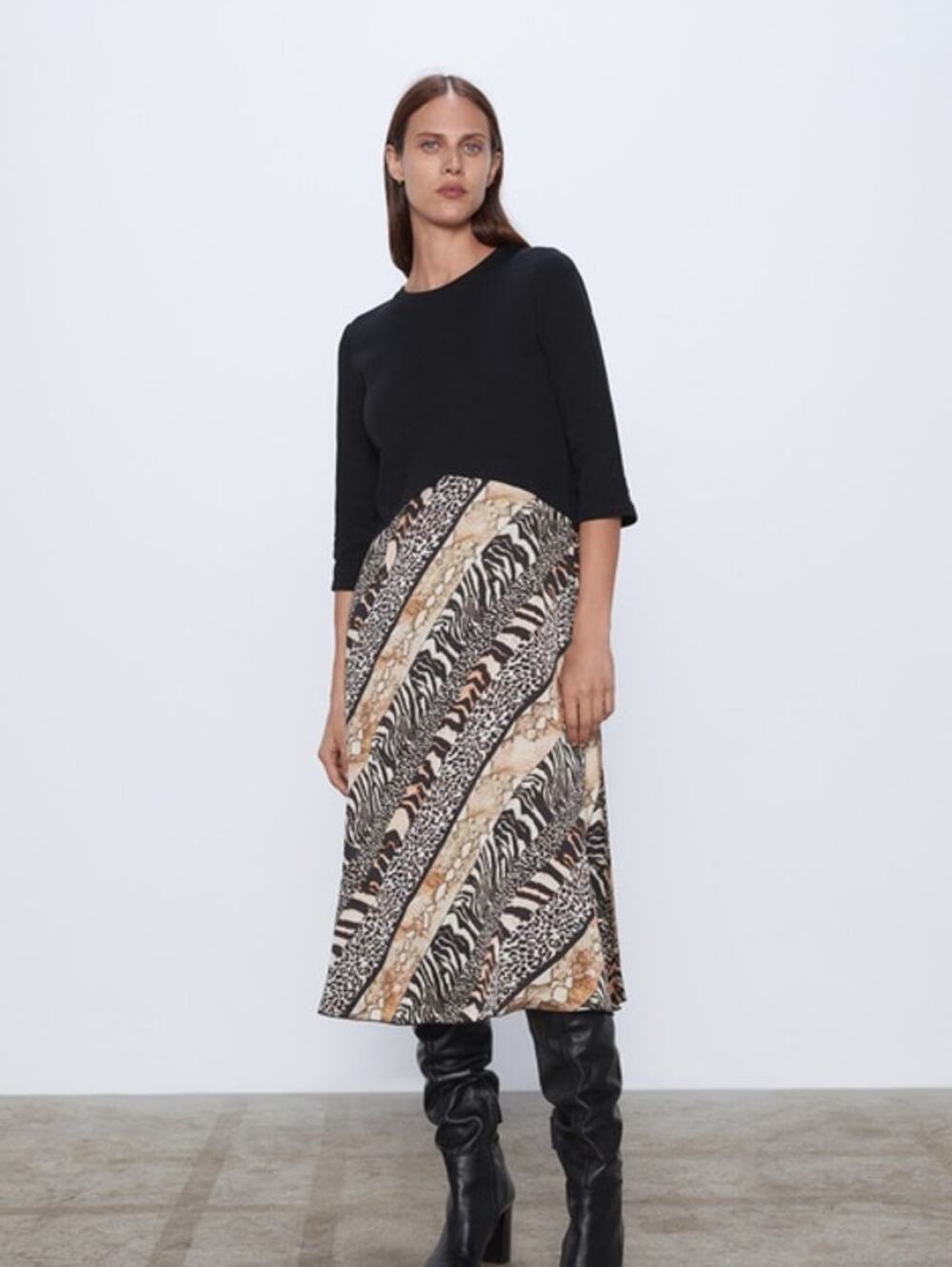 Zara Black Multicolor Animal Print Long Sleeve Leopard Zebra Midi Dress Size L